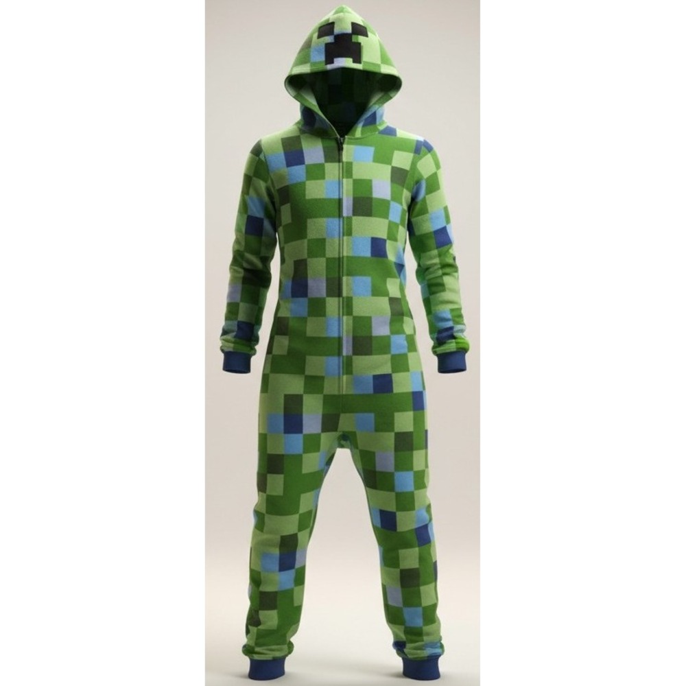 Minecraft Adult Creeper Costume Onsie 1pc Union Suit Hooded Pajamas Sz XL‎